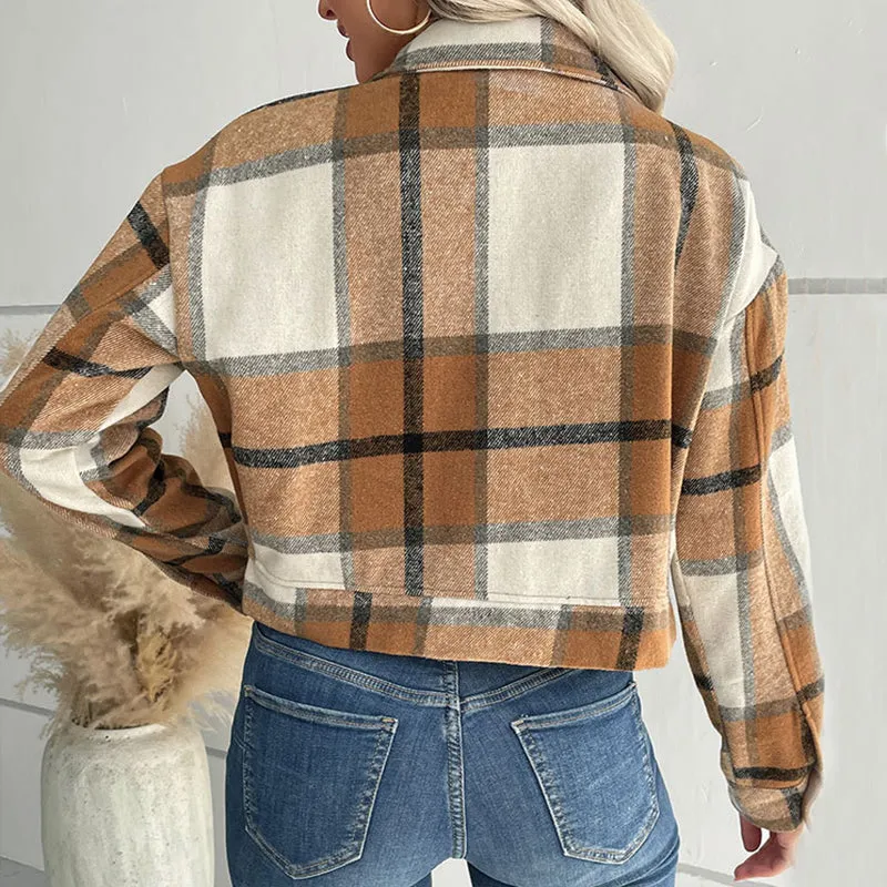 Plaid Lapel Cropped Jacket with Pockets Fashion Button Long Sleeve Short Outwear Tops Coat for Womens Clothing