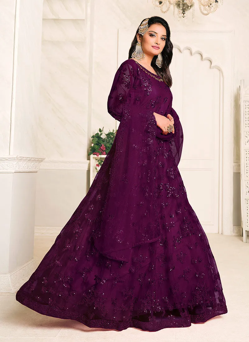 Plum Purple Embroidered Flared Anarkali Suit