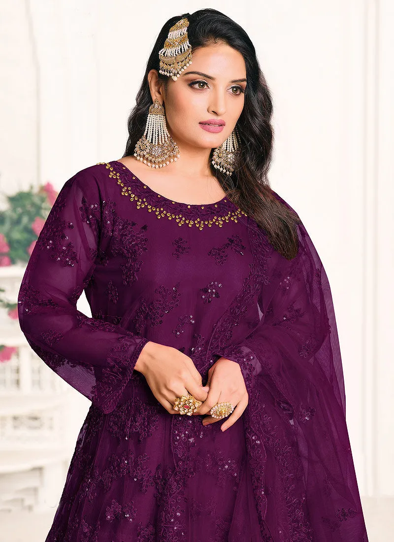 Plum Purple Embroidered Flared Anarkali Suit