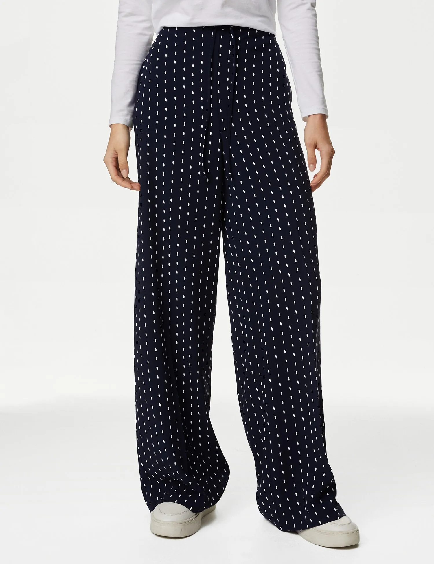 Polka Dot Drawstring Wide Leg Trousers