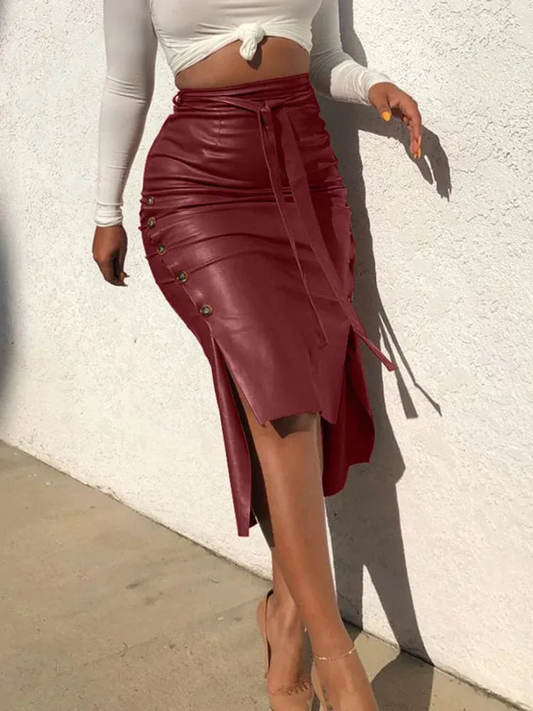 PU Leather Color Lace-up Side Button Slim Pencil Skirt