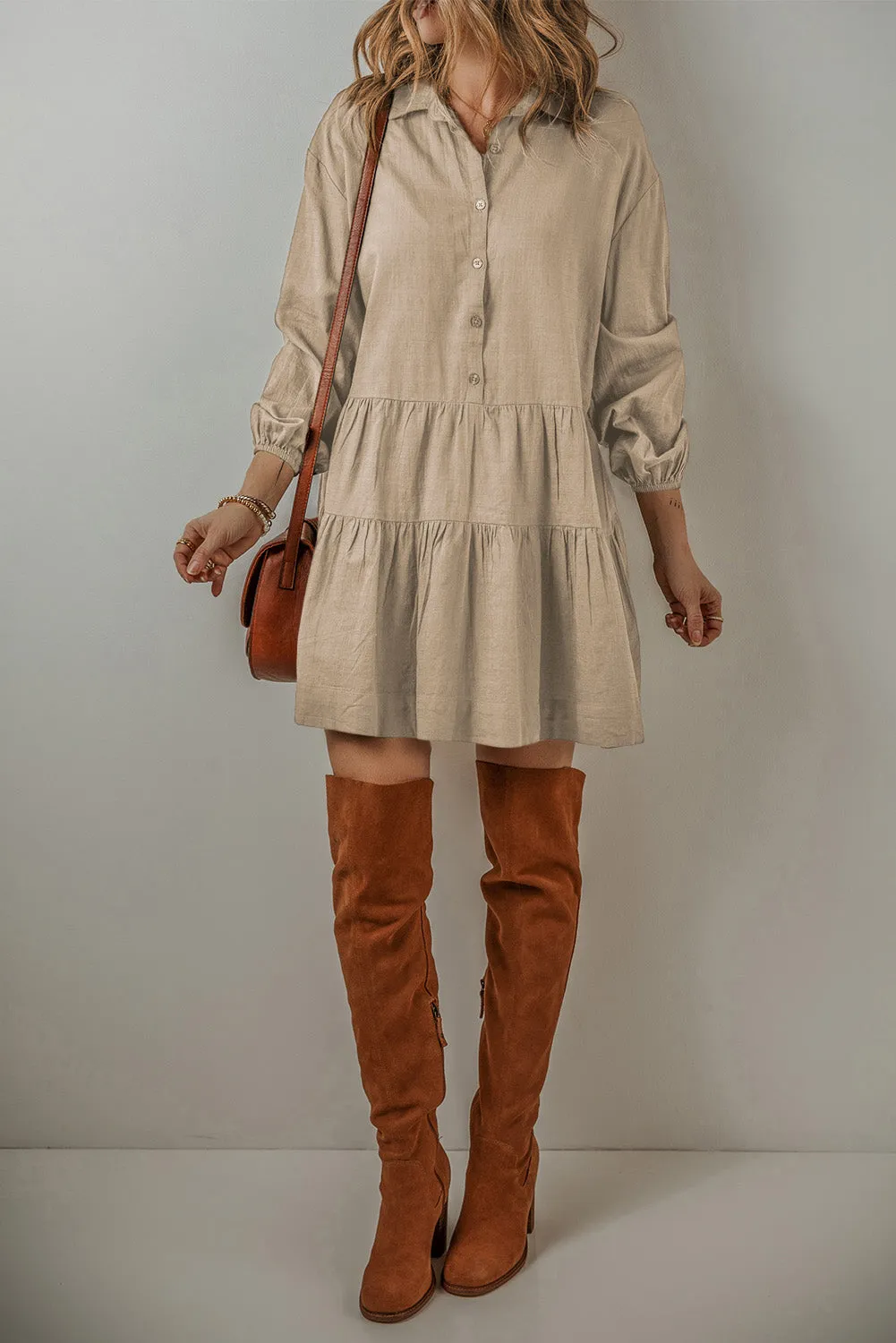 Puff Sleeve Pleated Shirt Mini Dress