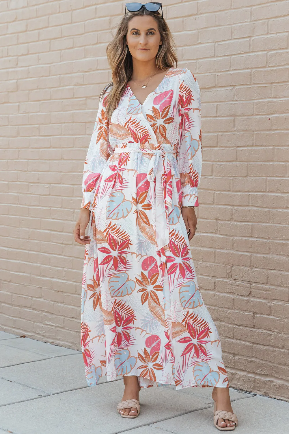 Tropical Plant Long Sleeve Maxi Dress