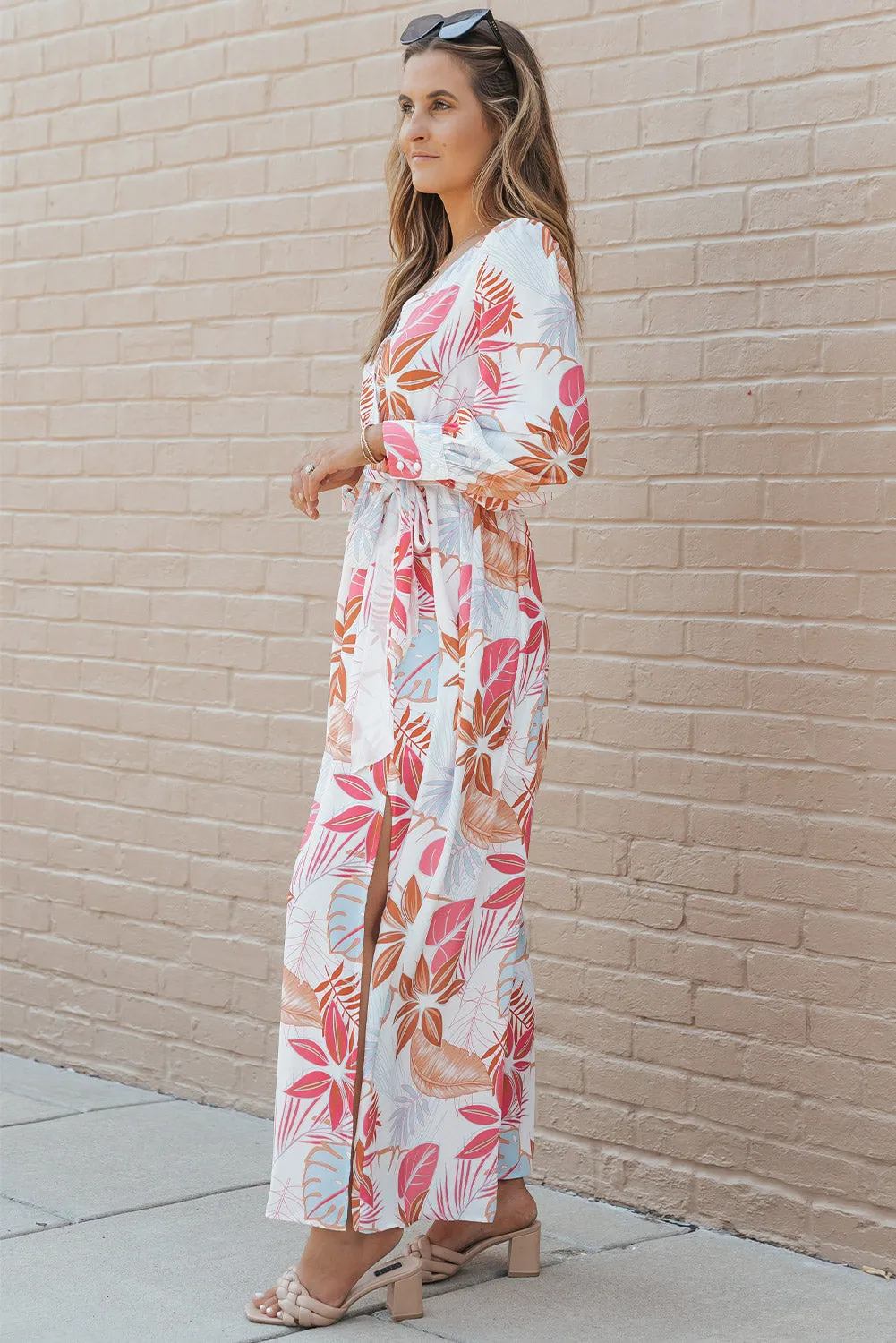 Tropical Plant Long Sleeve Maxi Dress