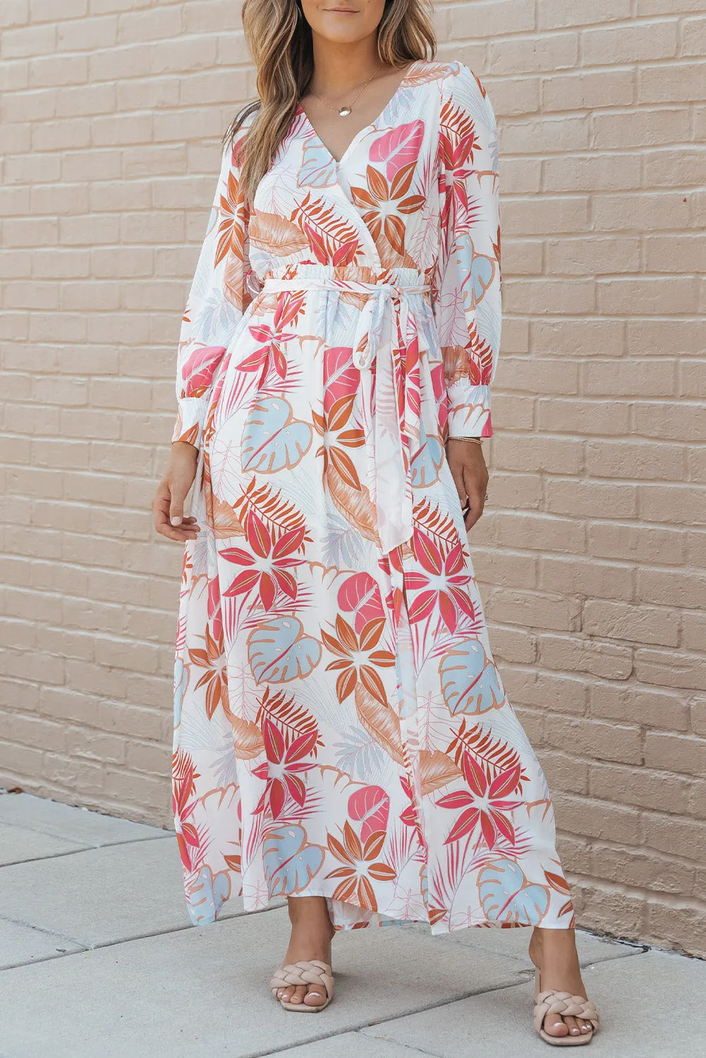 Tropical Plant Long Sleeve Maxi Dress