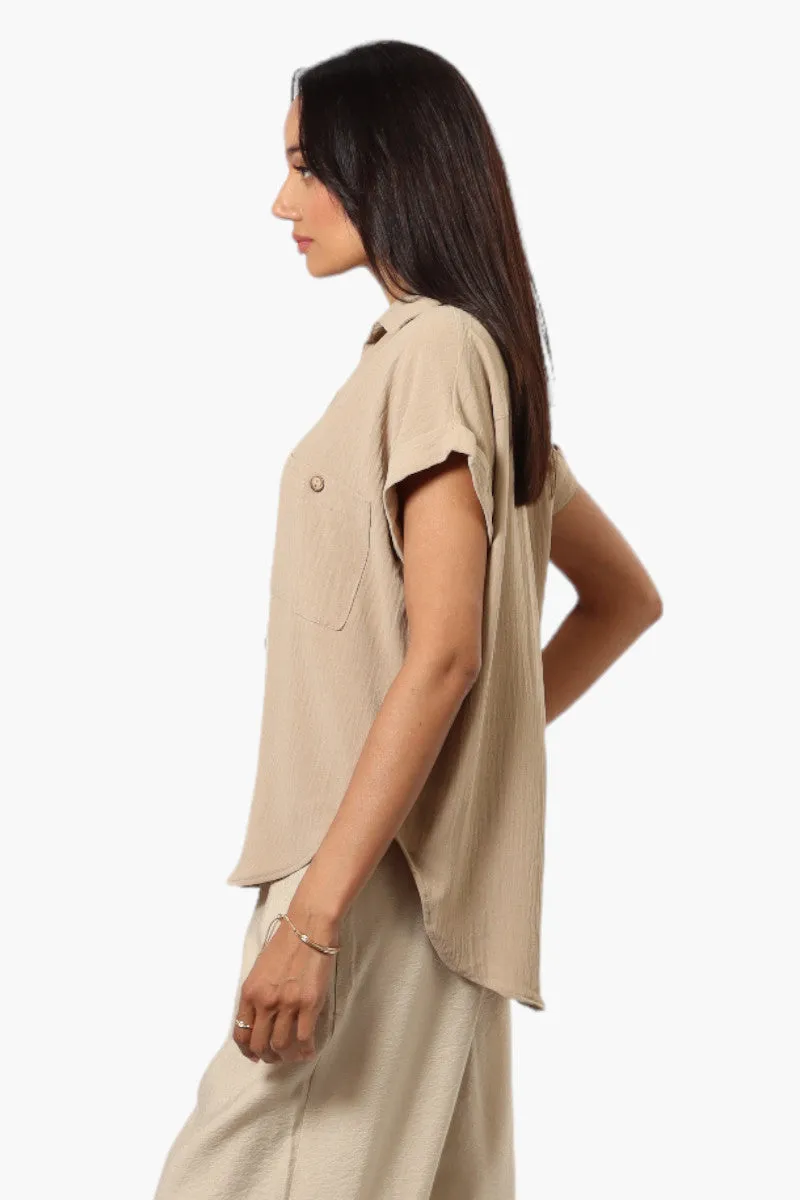 Urbanology Button Up Cap Sleeve Blouse - Beige