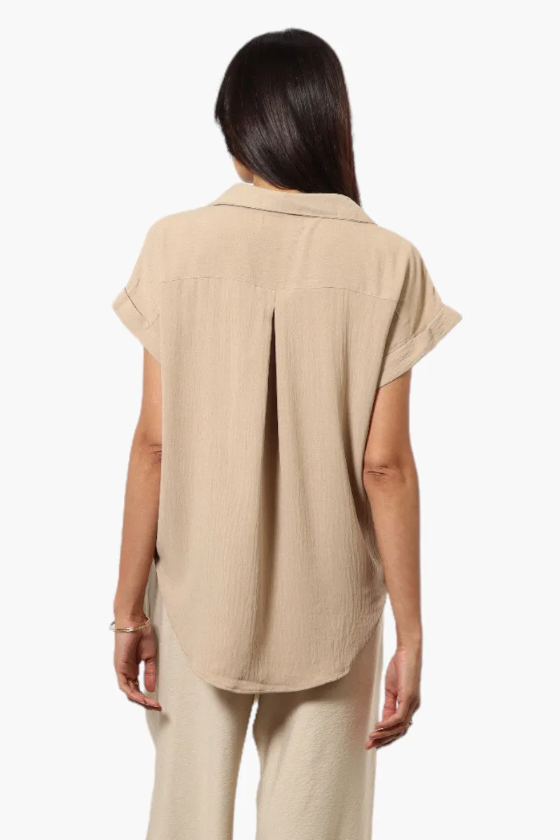 Urbanology Button Up Cap Sleeve Blouse - Beige