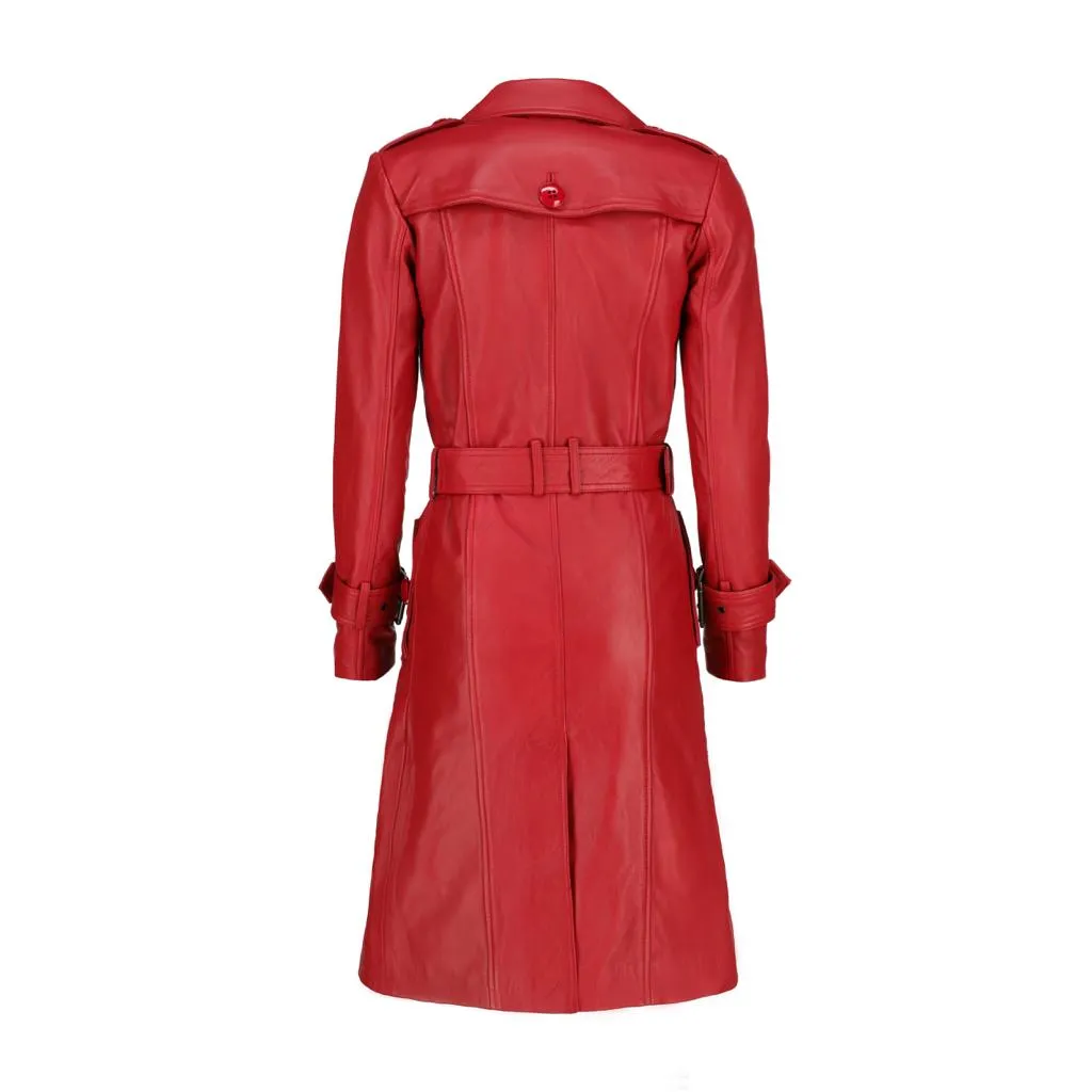 Women 's Double Breasted Red Leather Trench Coat