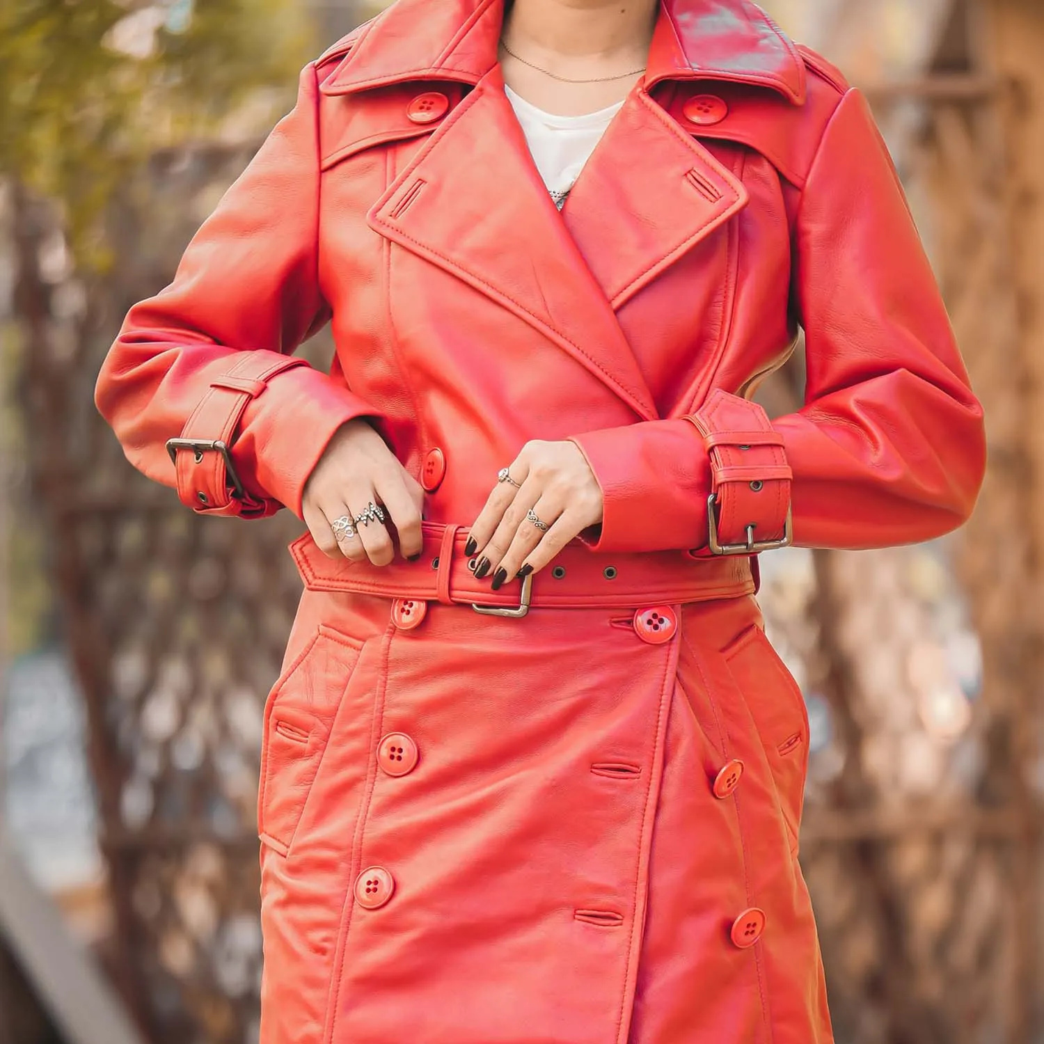 Women 's Double Breasted Red Leather Trench Coat