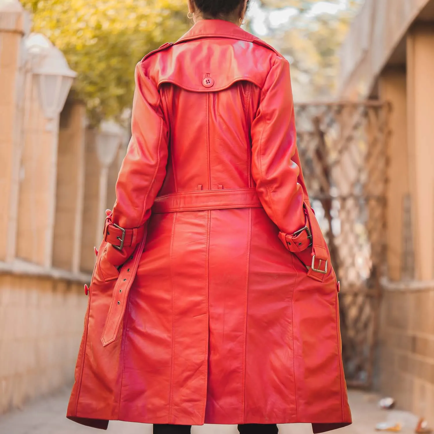 Women 's Double Breasted Red Leather Trench Coat