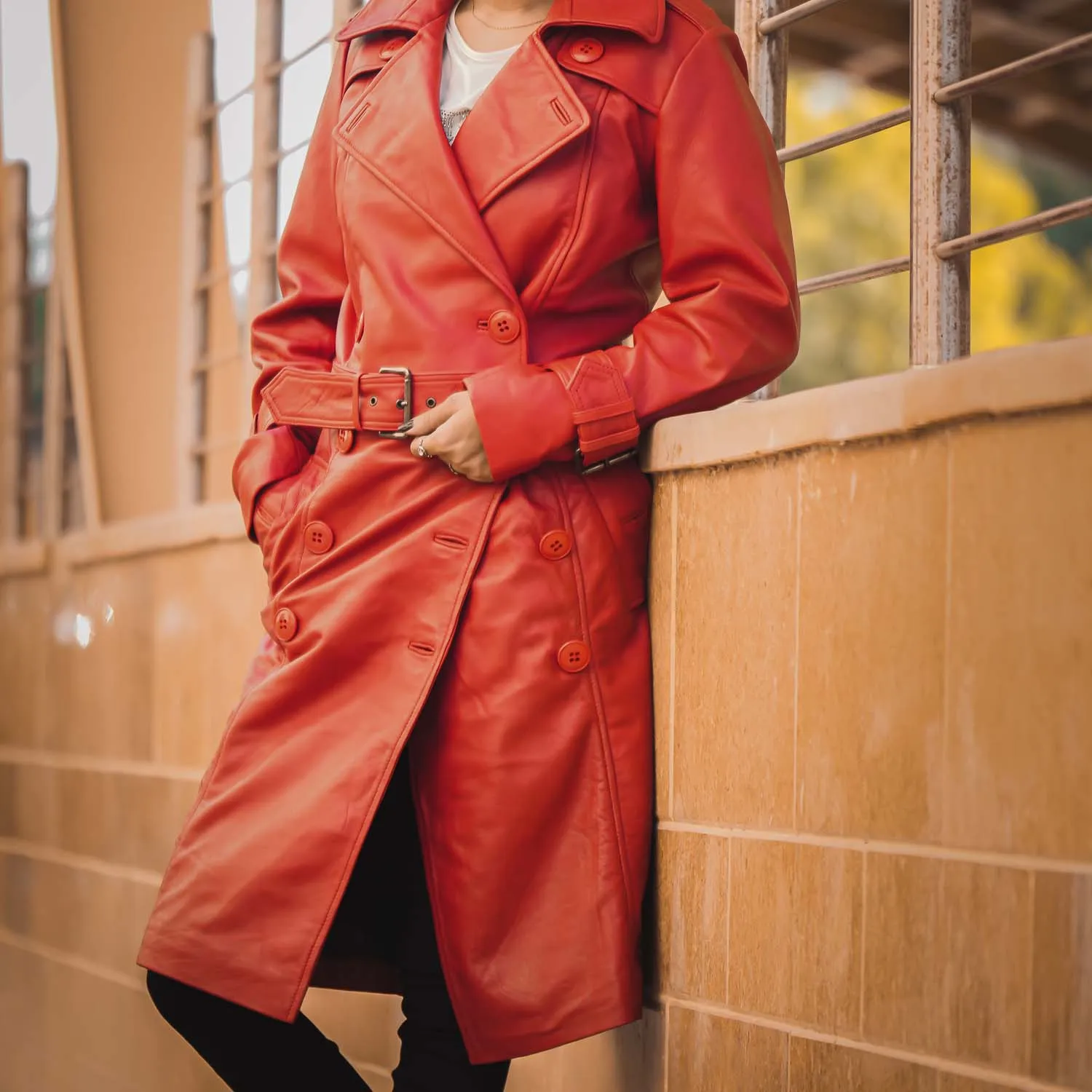 Women 's Double Breasted Red Leather Trench Coat