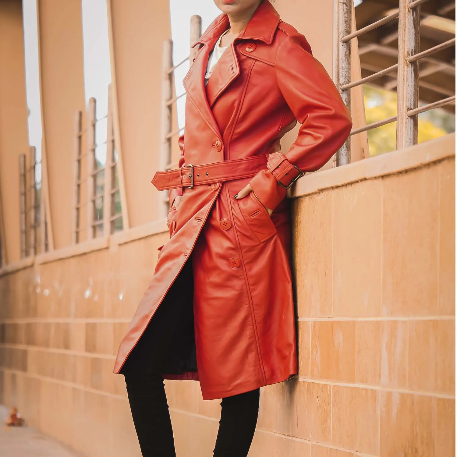 Women 's Double Breasted Red Leather Trench Coat