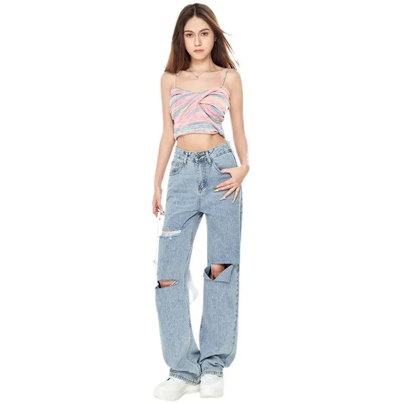 Women's High Waist Light Blue Ripped Wide-legged Jeans