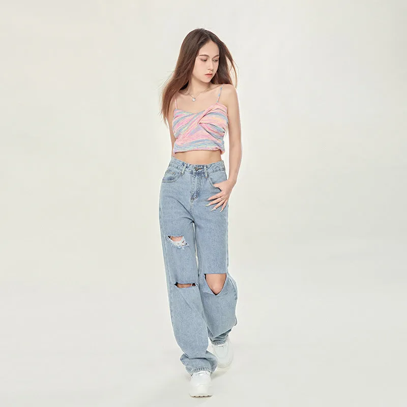 Women's High Waist Light Blue Ripped Wide-legged Jeans