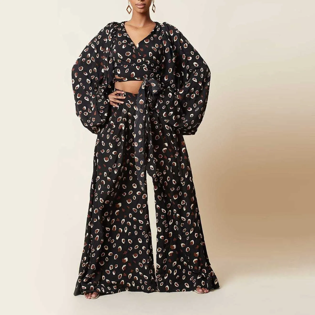 Women's Leopard Print Lace-Up | Wide Leg Pants Set