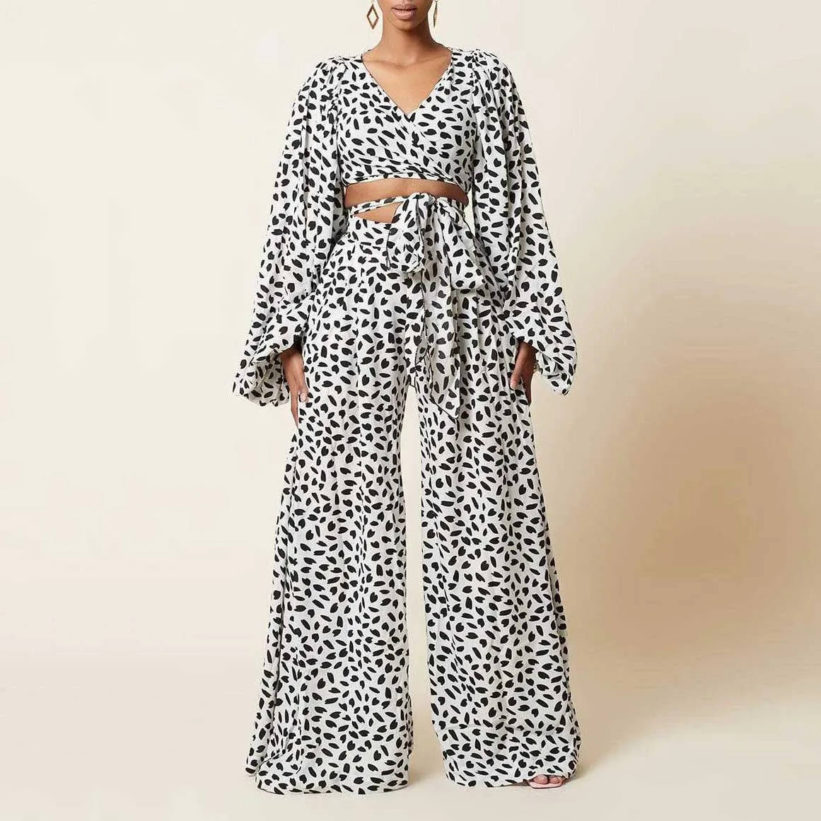 Women's Leopard Print Lace-Up | Wide Leg Pants Set